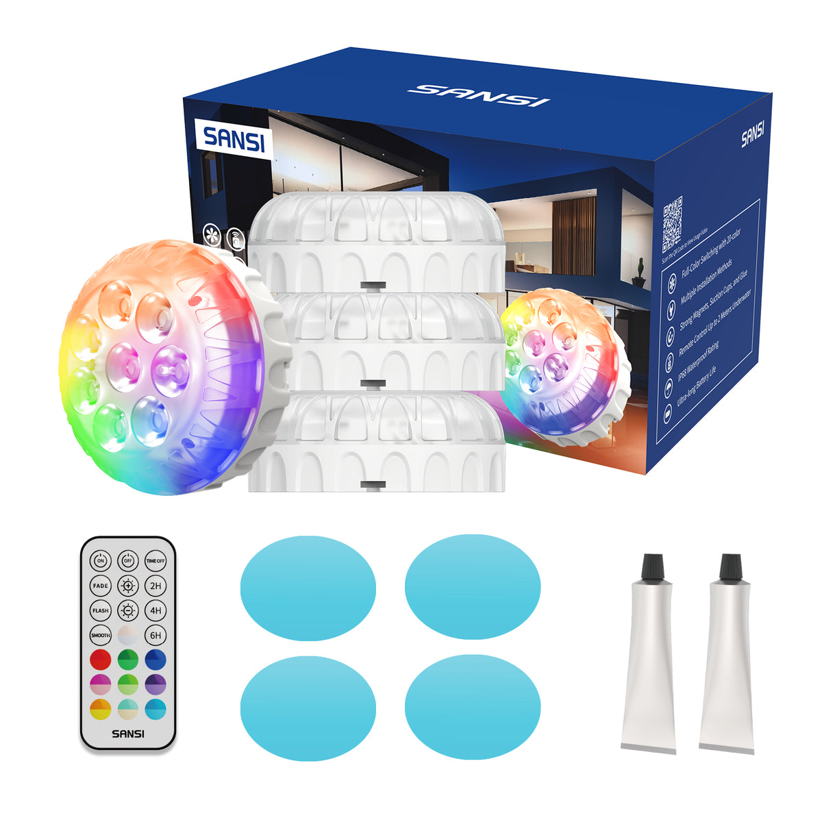 SANSI IP68 Waterproof RGB Pool Light, Summer Rechargeable 20Hrs Outdoor LED Lamp For Swimming Pool,Pond,Shower,Bath
