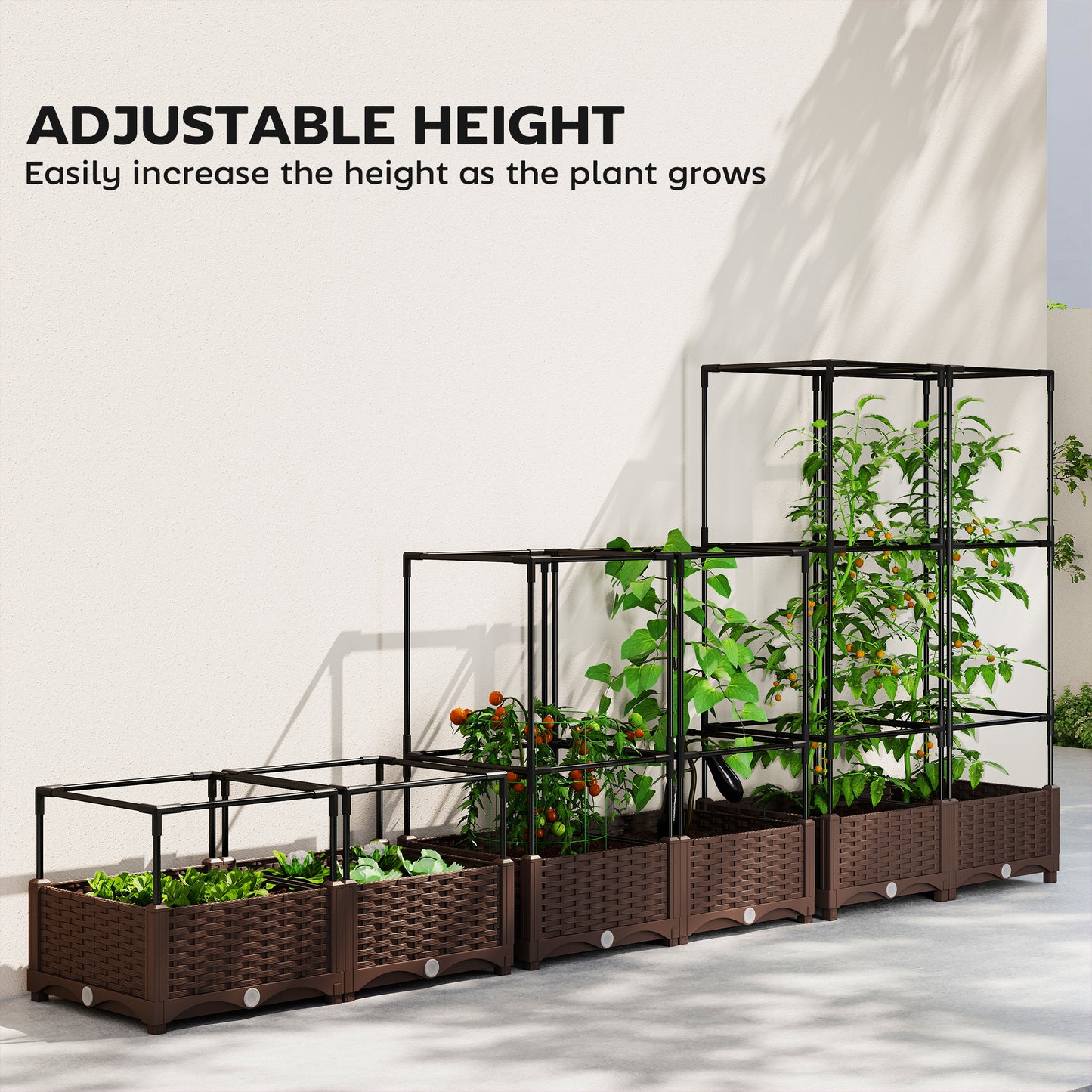 Raised Garden Bed With Trellis, 46.5" Tomato Cage With Crop Cage, Self Watering Planter Box With Drainage Holes, Green