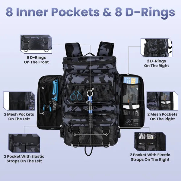 42L&11Gal Fishing Backpack Large Capacity Fishing Tackle Storage Bag With Rod Holders 16-Pocket Water-Resistant With Divider Adjustable Padded Straps For Fishing Gear Outdoor Camping Hiking