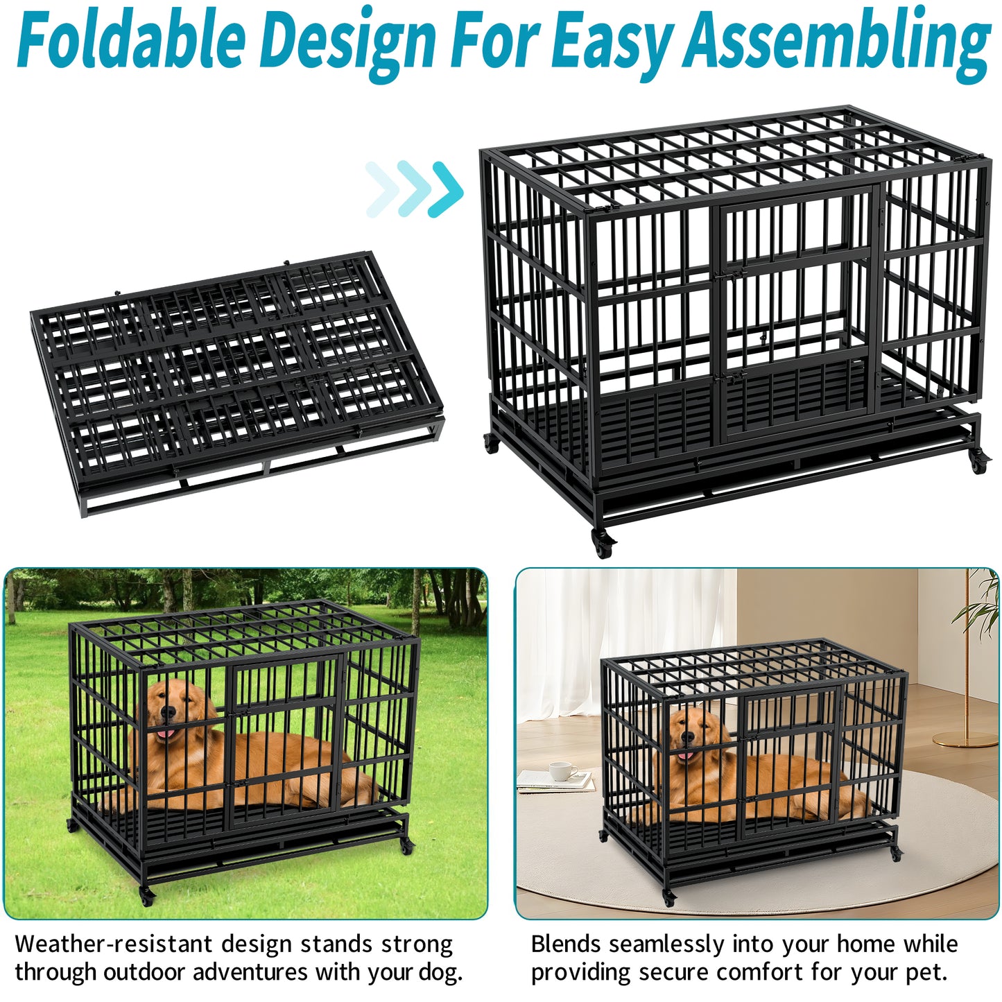 48 Inch Heavy Duty Indestructible Dog Crate With Wheels, Folding Metal Big Dog Cage For Large And Medium Dogs, Cage With Removable Wire Trays
