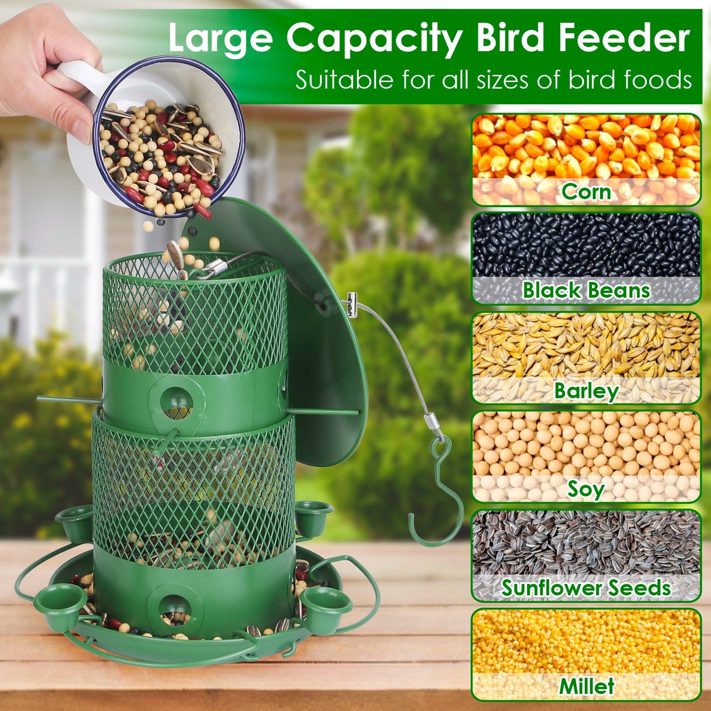 1Pc Wild Bird Feeder Squirrel-Proof Chew-Proof Metal Bird Seed Feeder Outdoor Hanging Bird Feeder With 360 Degree Circular Perches Water Cups For Yard Garden Patio Spring Summer