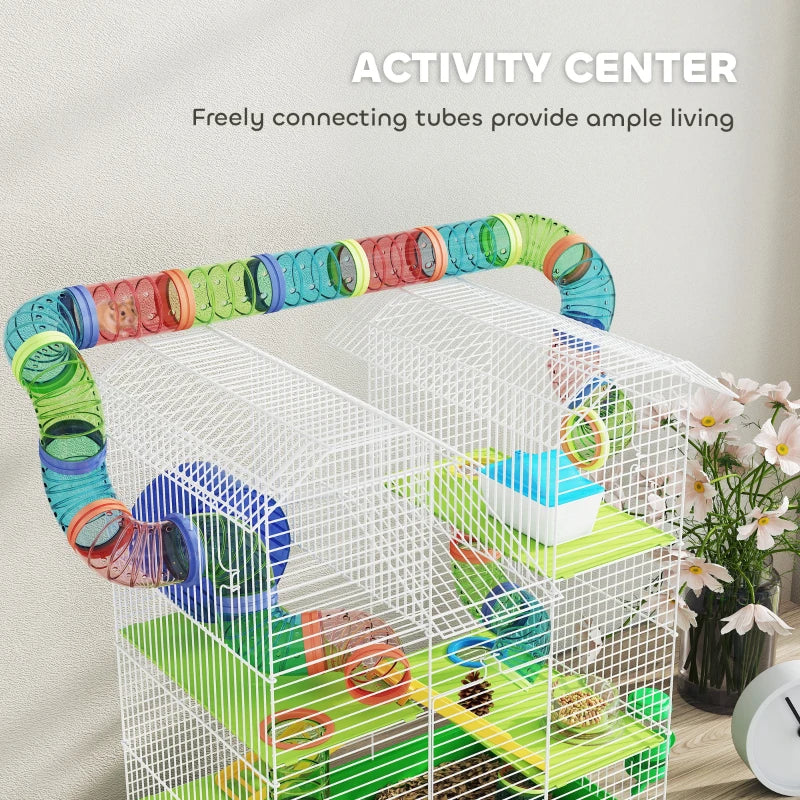 PawHut 5 Tier Hamster Cage With Tubes And Tunnels, Small Animal Cage, Rat Gerbil Cage With Water Bottle, Food Dish, Exercise Wheel, Green