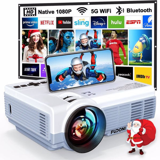 Native 1080P Full HD Projector with 5G WiFi & Bluetooth 5.3, 33-300" Screen, Dual Stereo Speakers