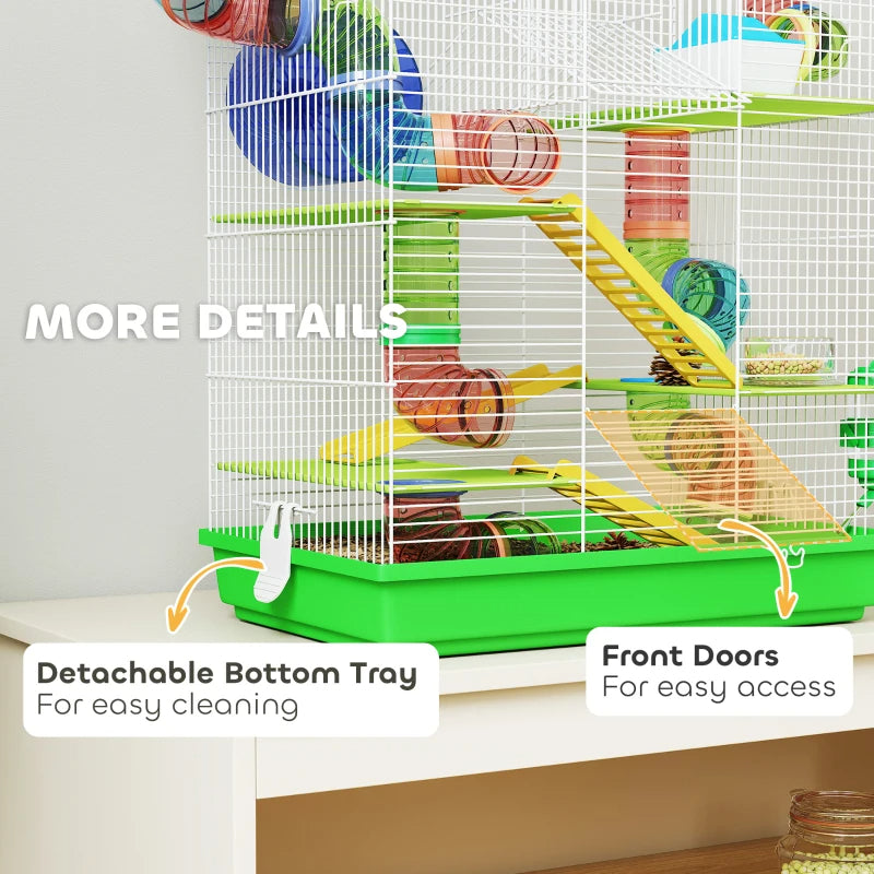 PawHut 5 Tier Hamster Cage With Tubes And Tunnels, Small Animal Cage, Rat Gerbil Cage With Water Bottle, Food Dish, Exercise Wheel, Green