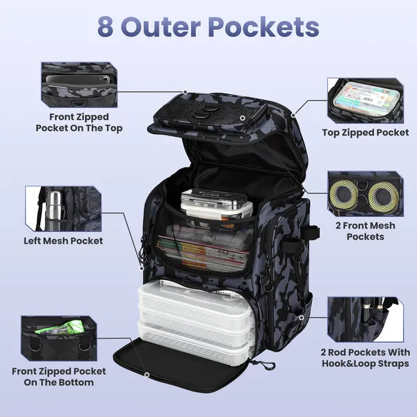 42L&11Gal Fishing Backpack Large Capacity Fishing Tackle Storage Bag With Rod Holders 16-Pocket Water-Resistant With Divider Adjustable Padded Straps For Fishing Gear Outdoor Camping Hiking