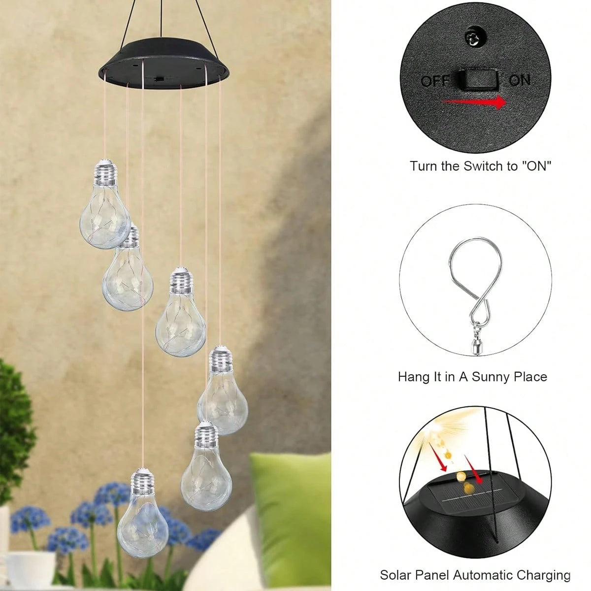 Colorful LED Solar Wind Chimes 21.6inch Light Bulb Shape Mobile Hanging Wind Chime Outdoor Waterproof Decorative Solar Powered Lights For Porch Deck Garden Patio Balcony Decor