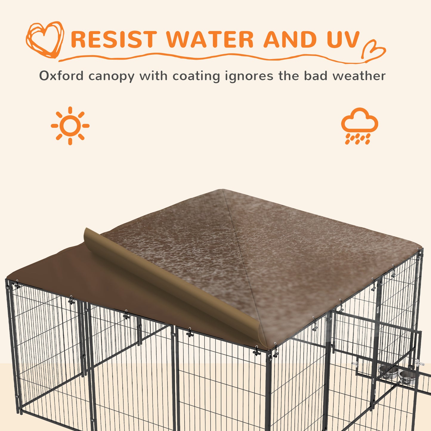 6.9' x 6.9' x 5' Outdoor Dog Kennel with Canopy Garden Playpen Fence Crate Enclosure Cage Rotating Bowl, Coffee