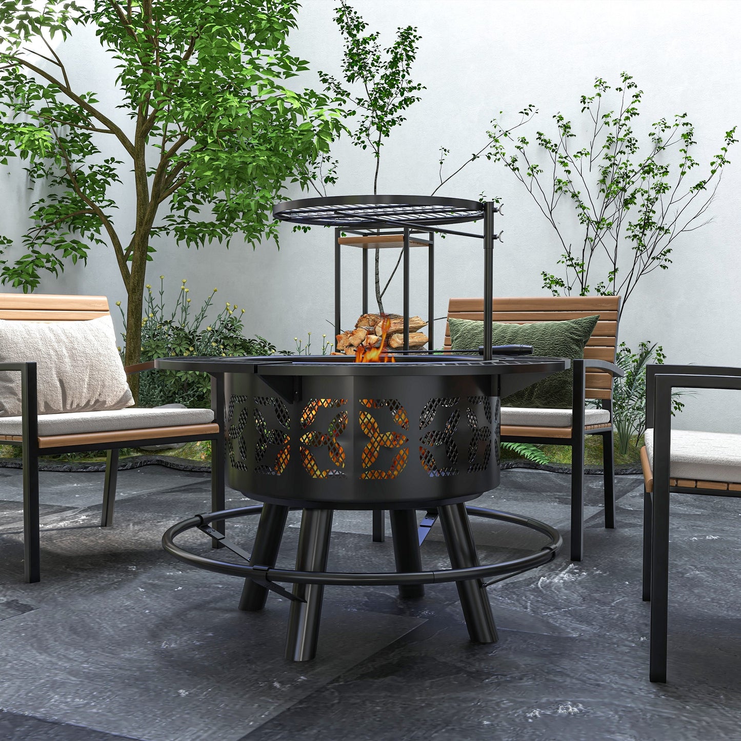 Wood Burning Fire Pit, Charcoal BBQ Grill, Portable Firepit With Cooking Grate, Pan, And Poker, 33", Black