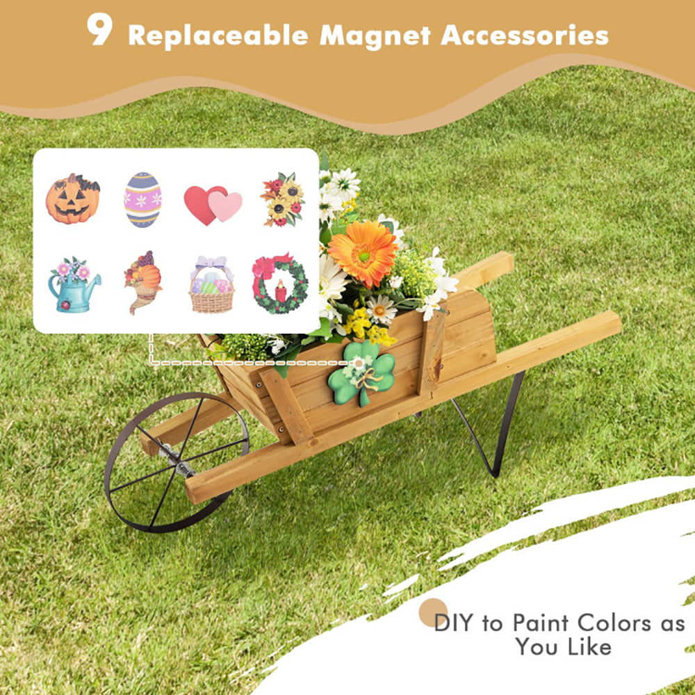 Wooden Wagon Planter With 9 Magnetic Accessories For Garden Yard