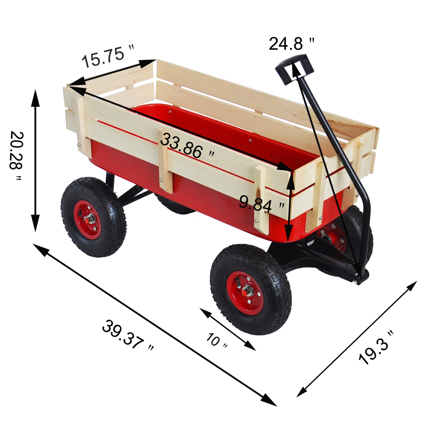 Outdoor Sport Wagon Tool Cart Wooden Side Panels Pneumatic Tire Wagon - Red
