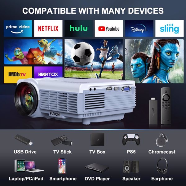 Native 1080P Full HD Projector with 5G WiFi & Bluetooth 5.3, 33-300" Screen, Dual Stereo Speakers