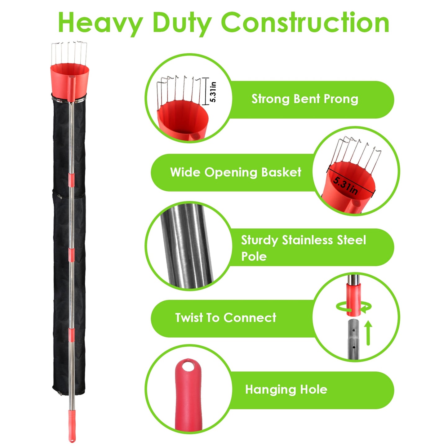 1Pc 13FT High Reach Fruit Picker Pole With Harvest Bag Heavy Duty Fruit Picking Tool With Basket Funnels Collect Bag For Mango Avocado Lemon Apples Pears