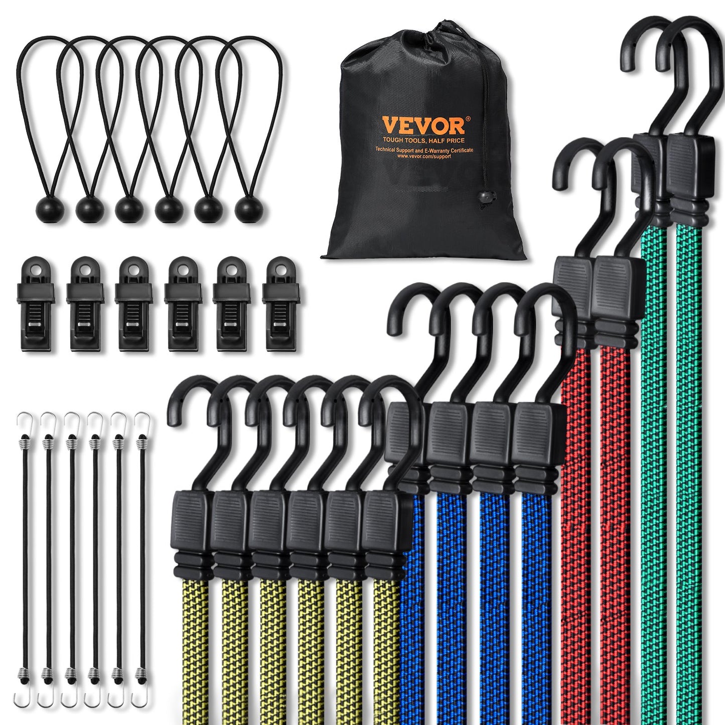 32 Pcs Flat Bungee Cord Set 17 Mm Heavy Duty Bungee Straps With J-Hooks