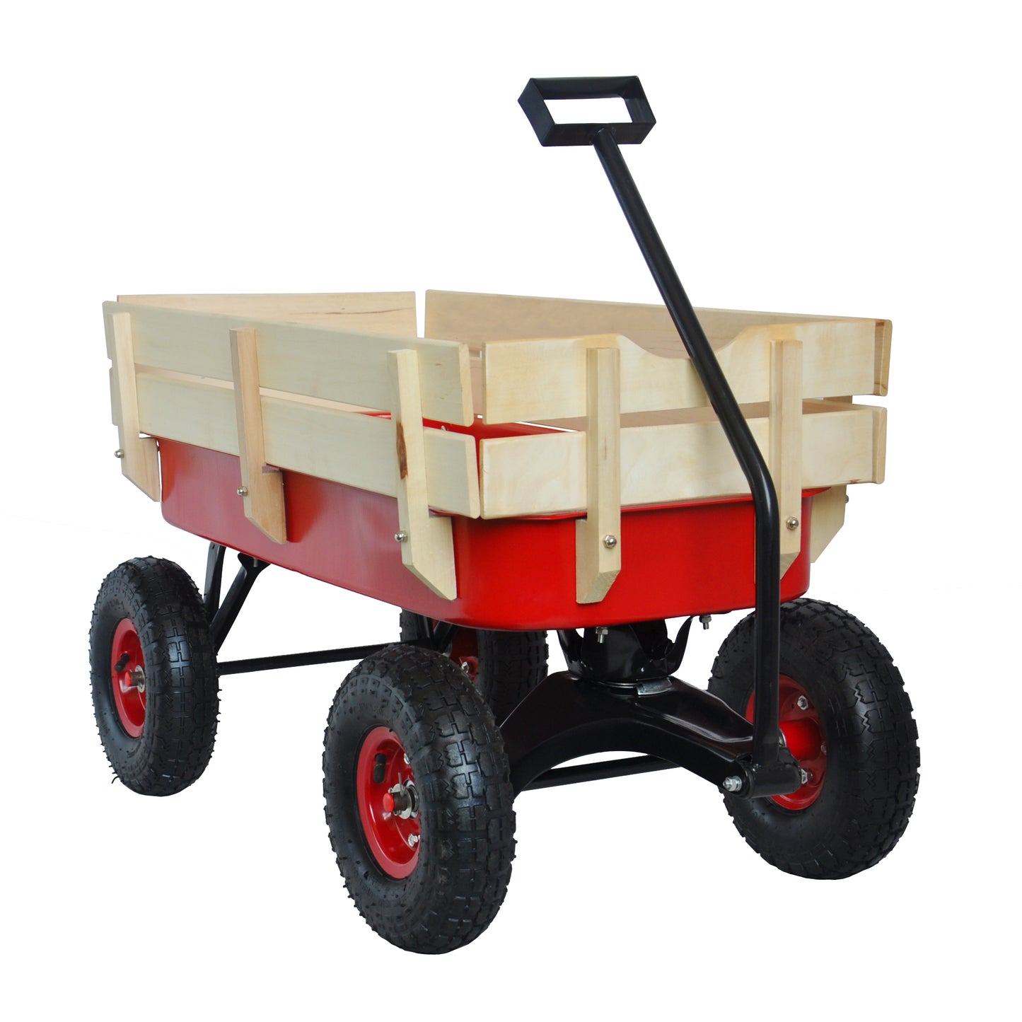 Outdoor Sport Wagon Tool Cart Wooden Side Panels Pneumatic Tire Wagon - Red