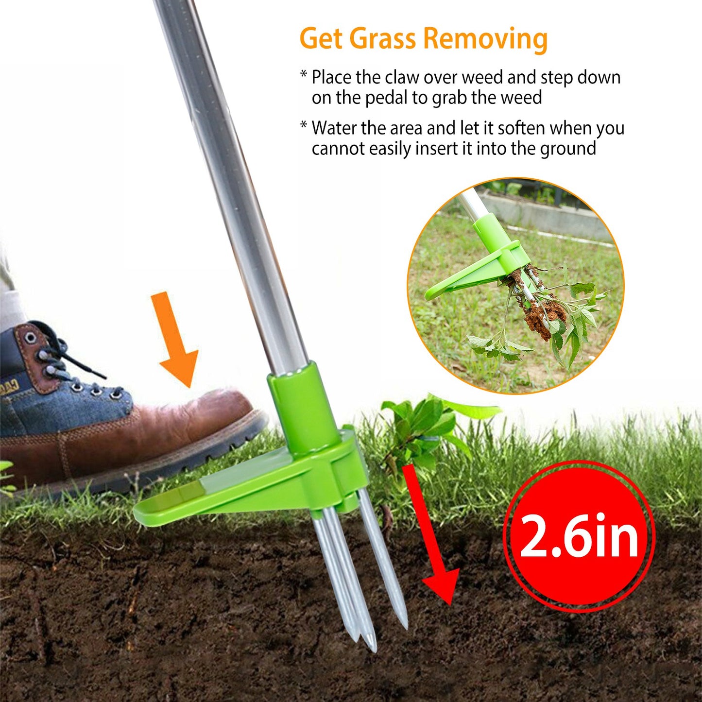 1Pc Weed Puller Twister Stand Up Root Removal Hand Tool 3 Claws Aluminum Grass Manual Remover 38.98in Long Handle With Foot Pedal For Spring Summer
