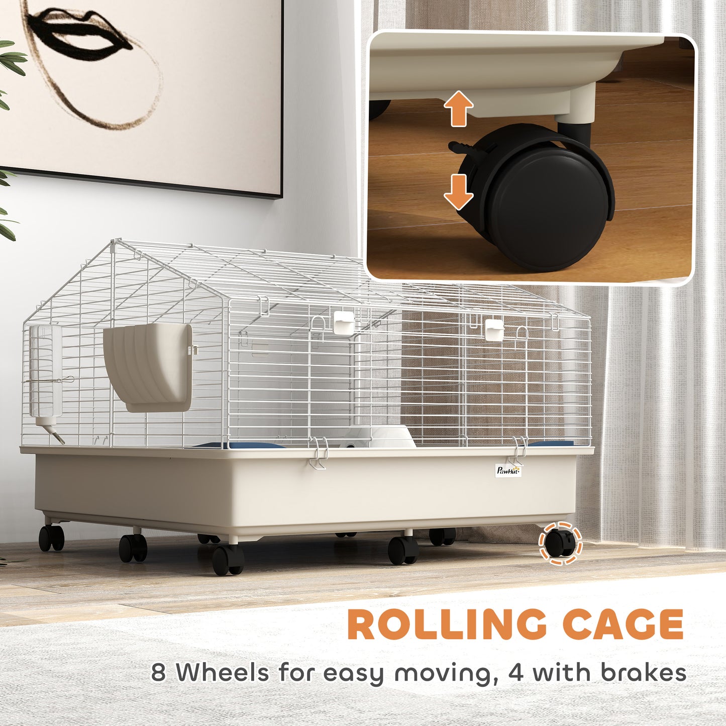 Rolling Small Animal Cage With Water Bottle, Hay Feeder, Food Dish For Rabbits, Hedgehogs, Guinea Pigs, 35 X 35x 25