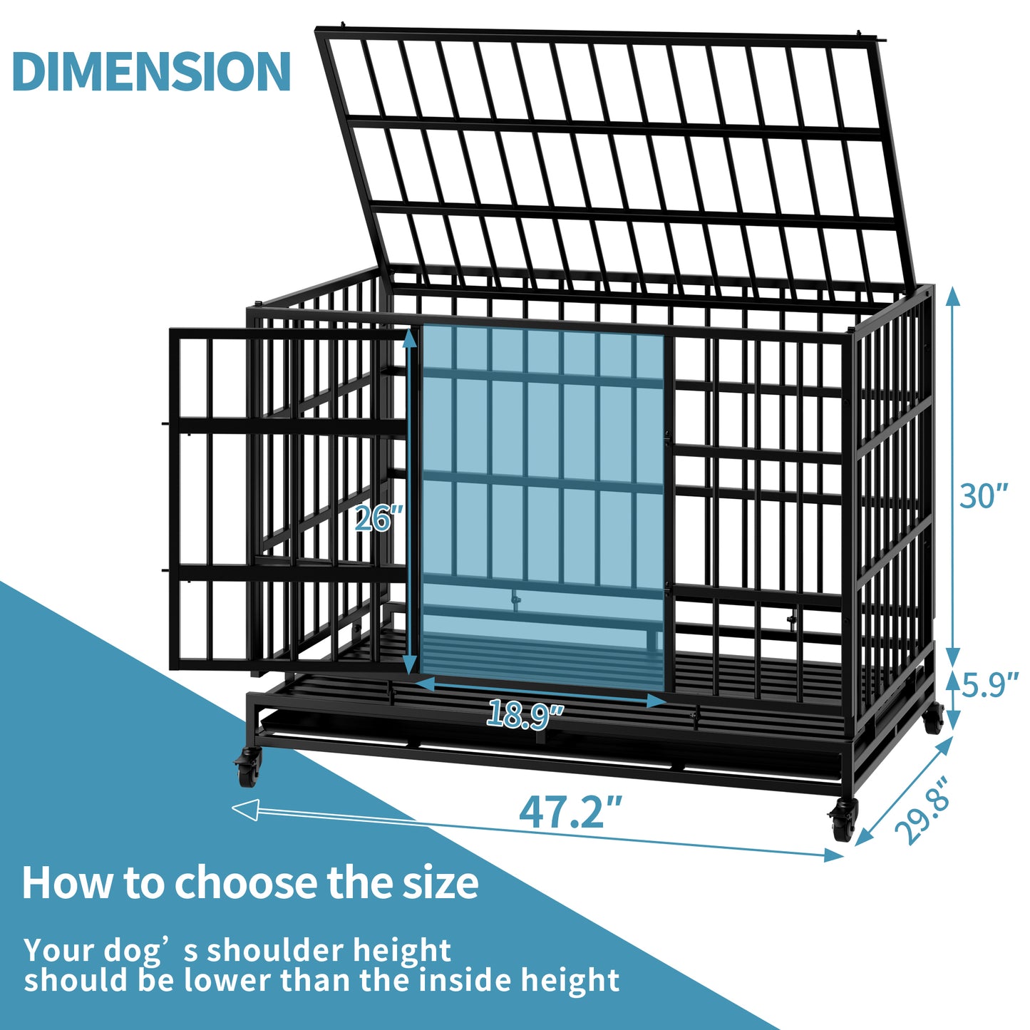 48 Inch Heavy Duty Indestructible Dog Crate With Wheels, Folding Metal Big Dog Cage For Large And Medium Dogs, Cage With Removable Wire Trays