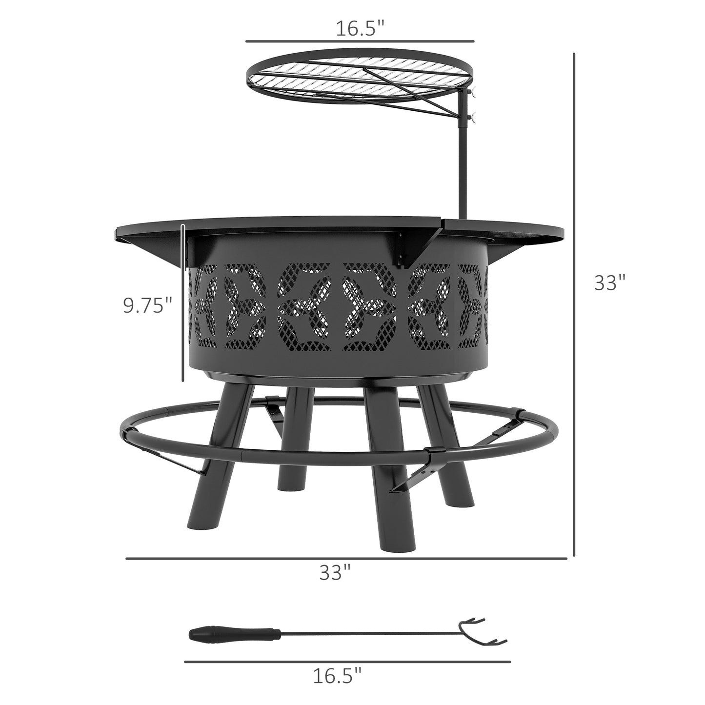 Wood Burning Fire Pit, Charcoal BBQ Grill, Portable Firepit With Cooking Grate, Pan, And Poker, 33", Black