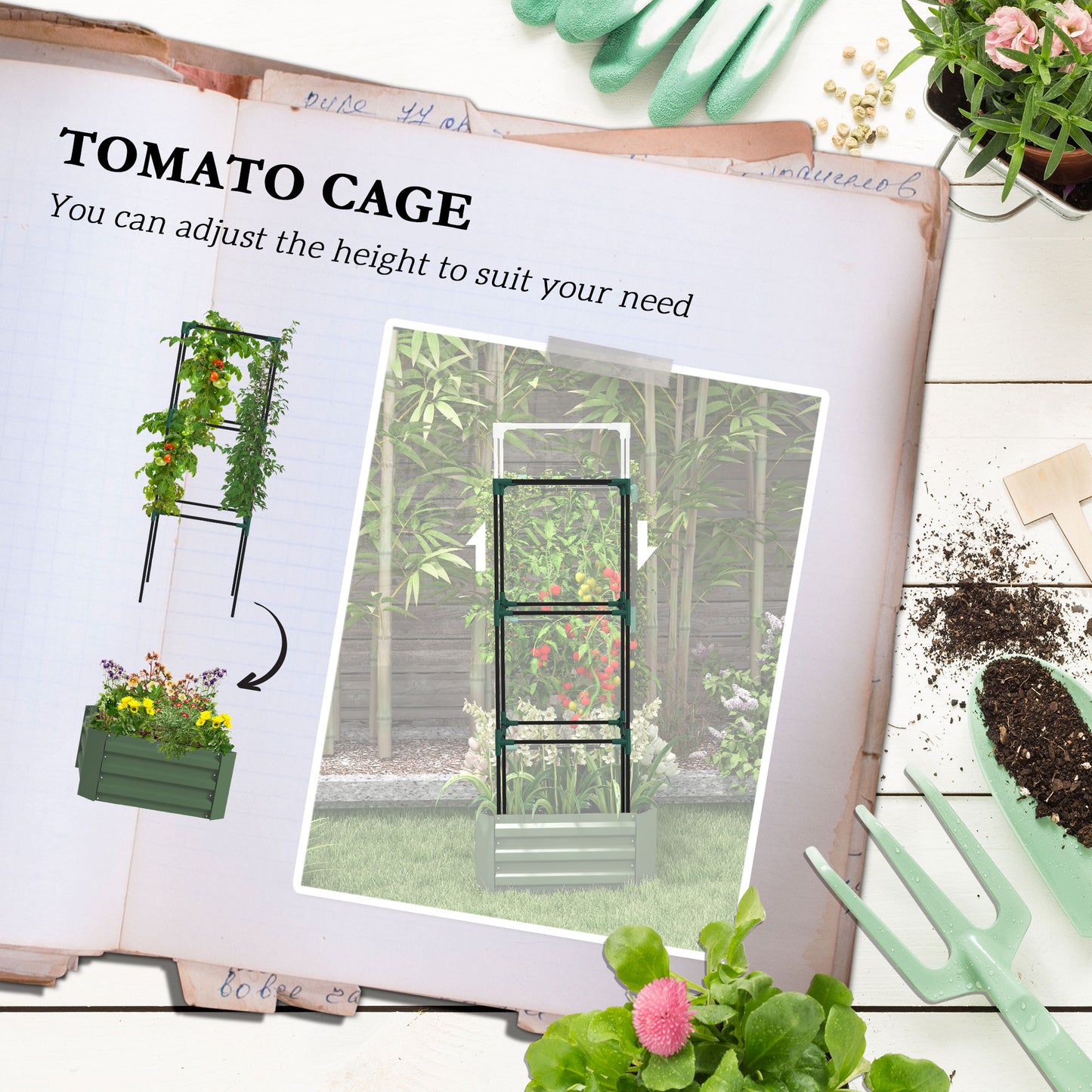 Galvanized Planter Box, 24" X 24" X 55" Raised Garden Bed With Tomato Cage For Climbing Vines, Green
