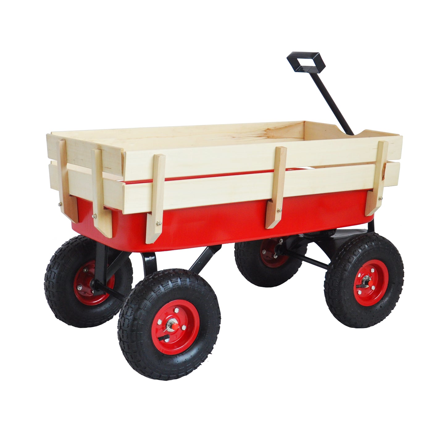 Outdoor Sport Wagon Tool Cart Wooden Side Panels Pneumatic Tire Wagon - Red