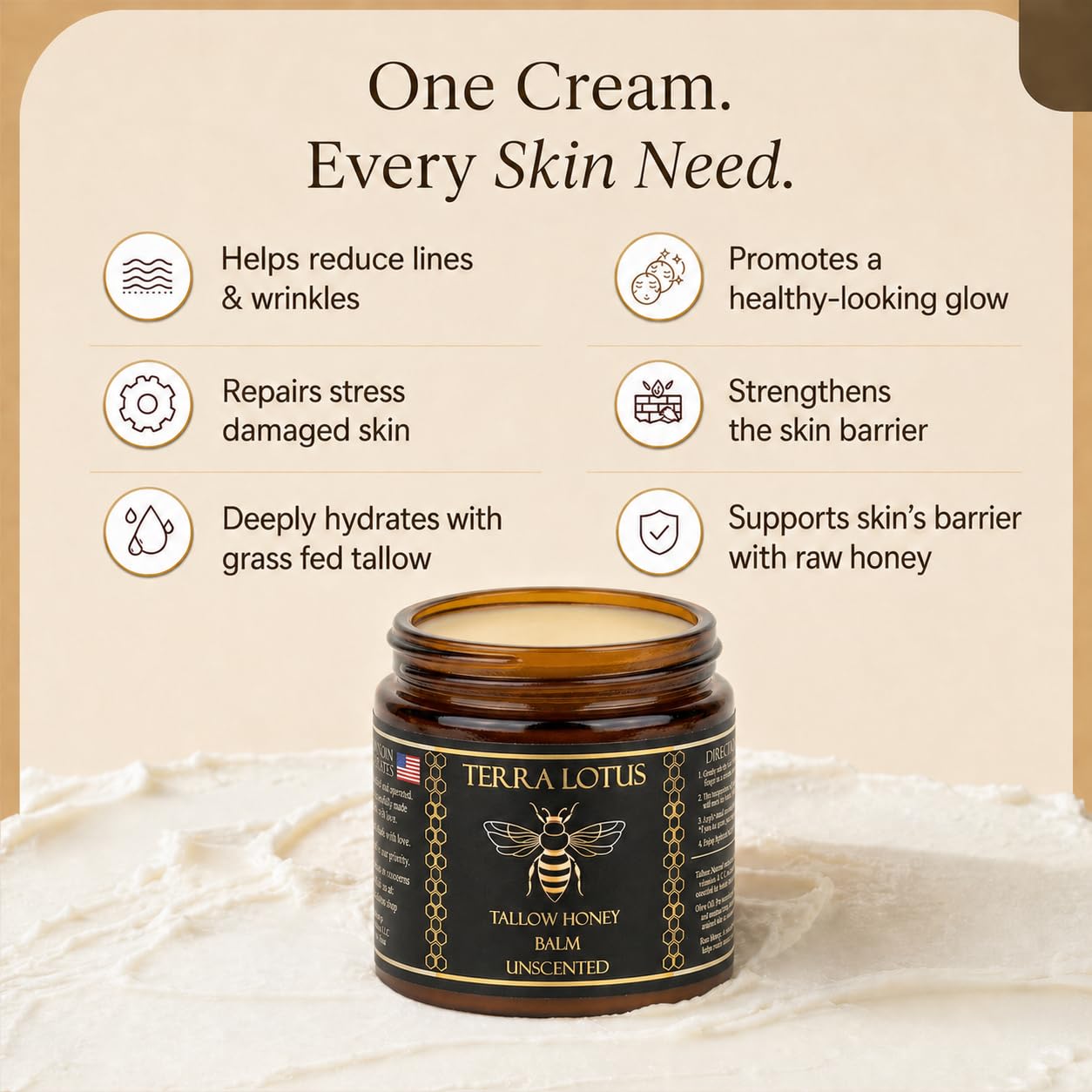 Terra Lotus - Organic Grass-Fed Beef Tallow Balm with Raw Honey - Moisturizing Cream for Soft, Smooth Skin - Handmade All-Natural Moisturizer (2 Oz, Unscented)