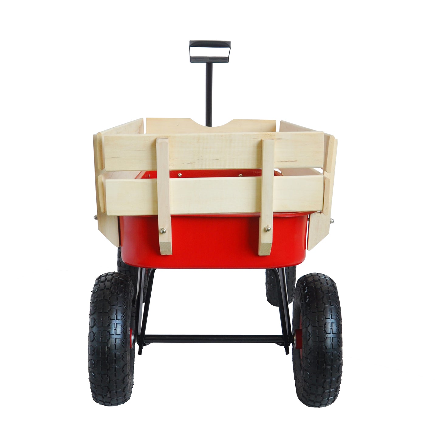Outdoor Sport Wagon Tool Cart Wooden Side Panels Pneumatic Tire Wagon - Red