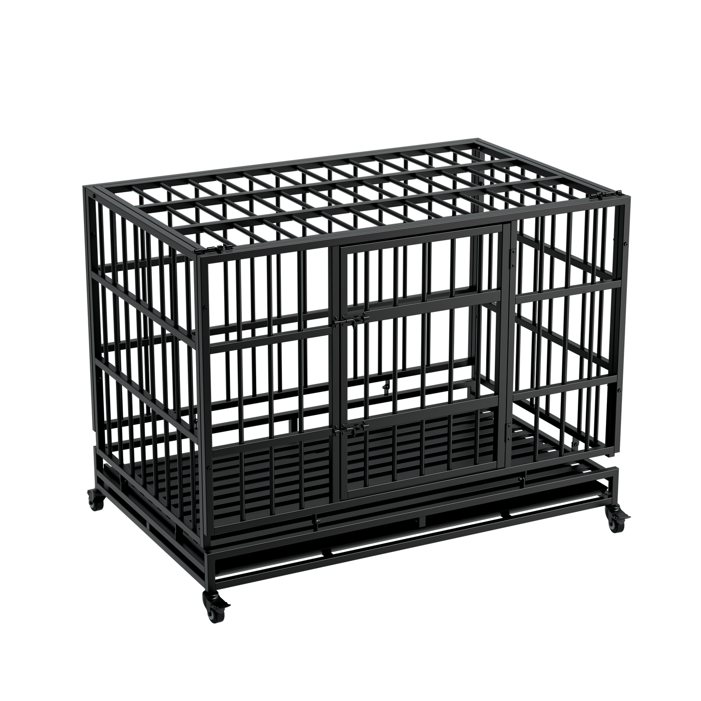 48 Inch Heavy Duty Indestructible Dog Crate With Wheels, Folding Metal Big Dog Cage For Large And Medium Dogs, Cage With Removable Wire Trays
