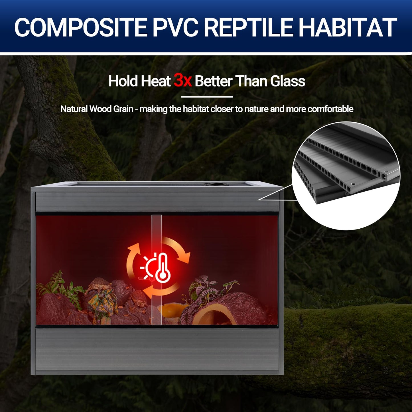 50 Gallon Reptile Enclosure, 36x18x18 Composite PVC Reptile Tank Terrarium, 36" Wide Lightweight Eco Reptile Habitat Lounge for Ball Python Bearded Dragon Gecko Turtle