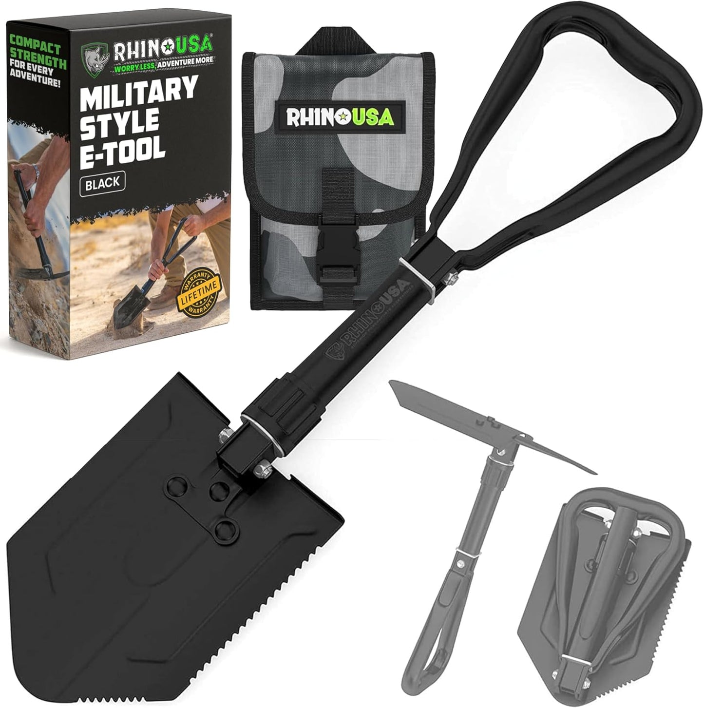 Rhino USA Offroad Recovery Kit – 2 Traction Boards & Folding Shovel w/Pick – Heavy Duty Carbon Steel Entrenching Tool and Tire Traction Mats for Sand, Mud & Snow – Includes Carry Bag & Leashes -Black