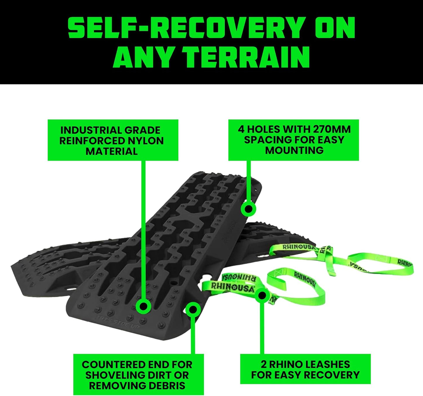 Rhino USA Offroad Recovery Kit – 2 Traction Boards & Folding Shovel w/Pick – Heavy Duty Carbon Steel Entrenching Tool and Tire Traction Mats for Sand, Mud & Snow – Includes Carry Bag & Leashes -Black