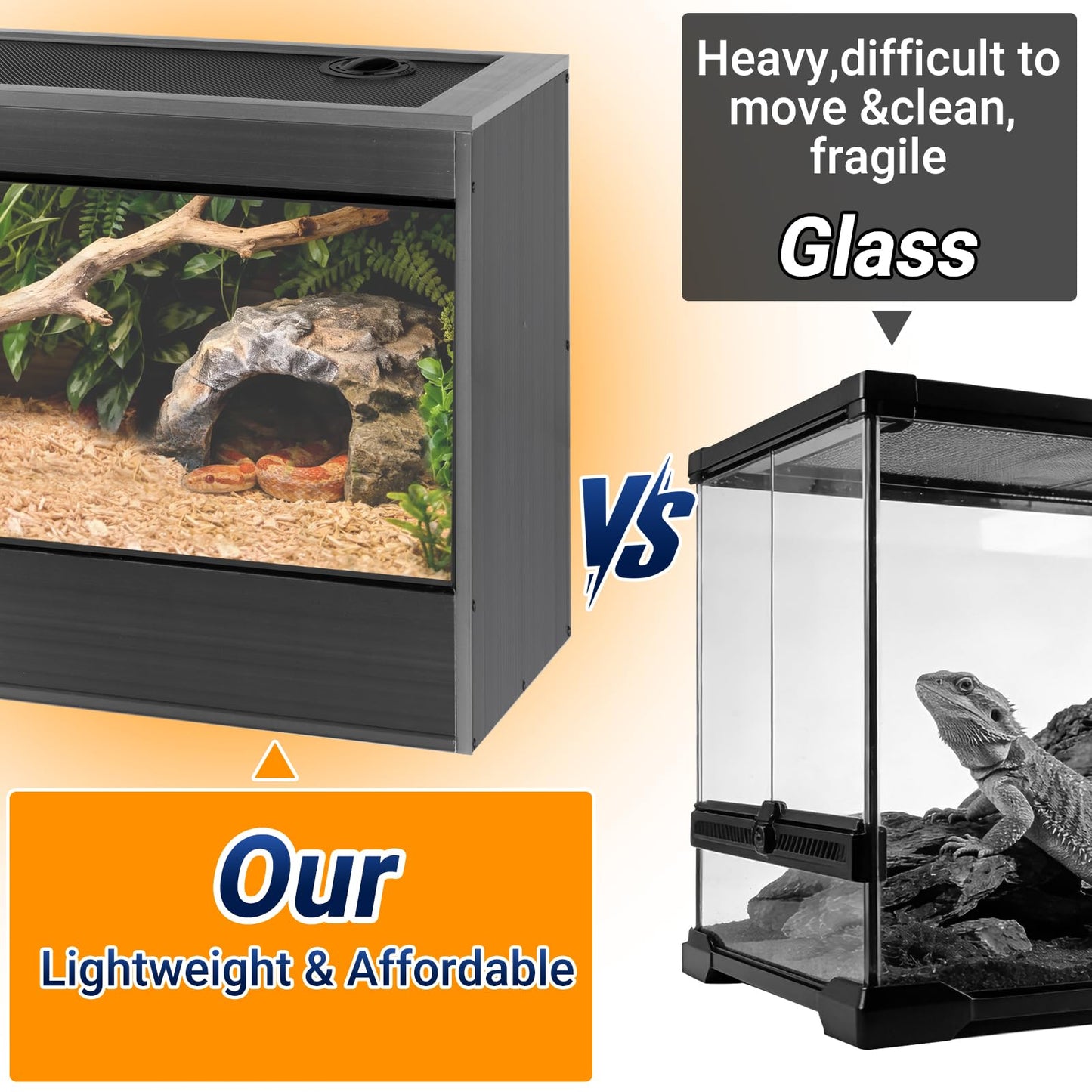 50 Gallon Reptile Enclosure, 36x18x18 Composite PVC Reptile Tank Terrarium, 36" Wide Lightweight Eco Reptile Habitat Lounge for Ball Python Bearded Dragon Gecko Turtle