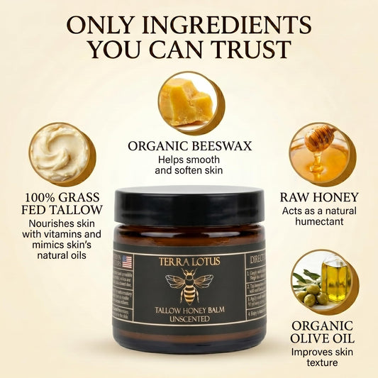 Terra Lotus - Organic Grass-Fed Beef Tallow Balm with Raw Honey - Moisturizing Cream for Soft, Smooth Skin - Handmade All-Natural Moisturizer (2 Oz, Unscented)