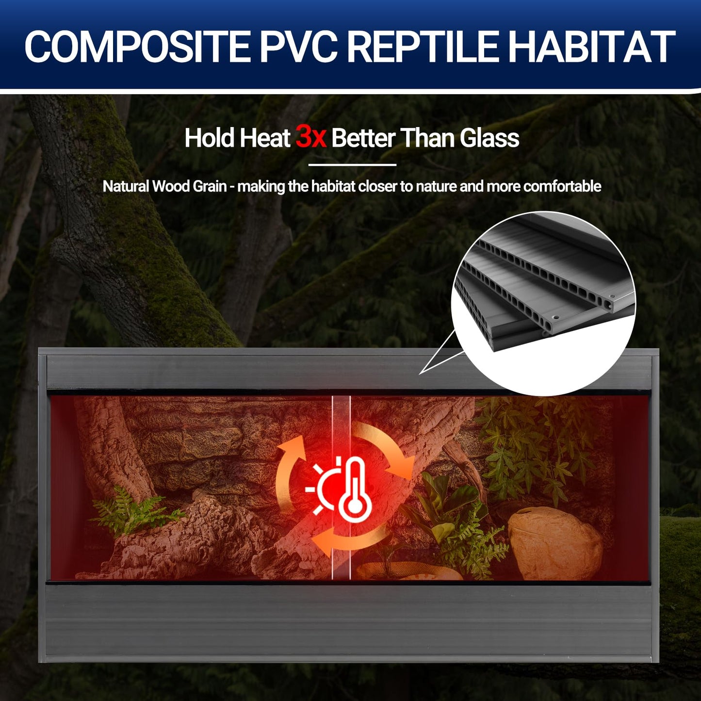 50 Gallon Reptile Enclosure, 36x18x18 Composite PVC Reptile Tank Terrarium, 36" Wide Lightweight Eco Reptile Habitat Lounge for Ball Python Bearded Dragon Gecko Turtle