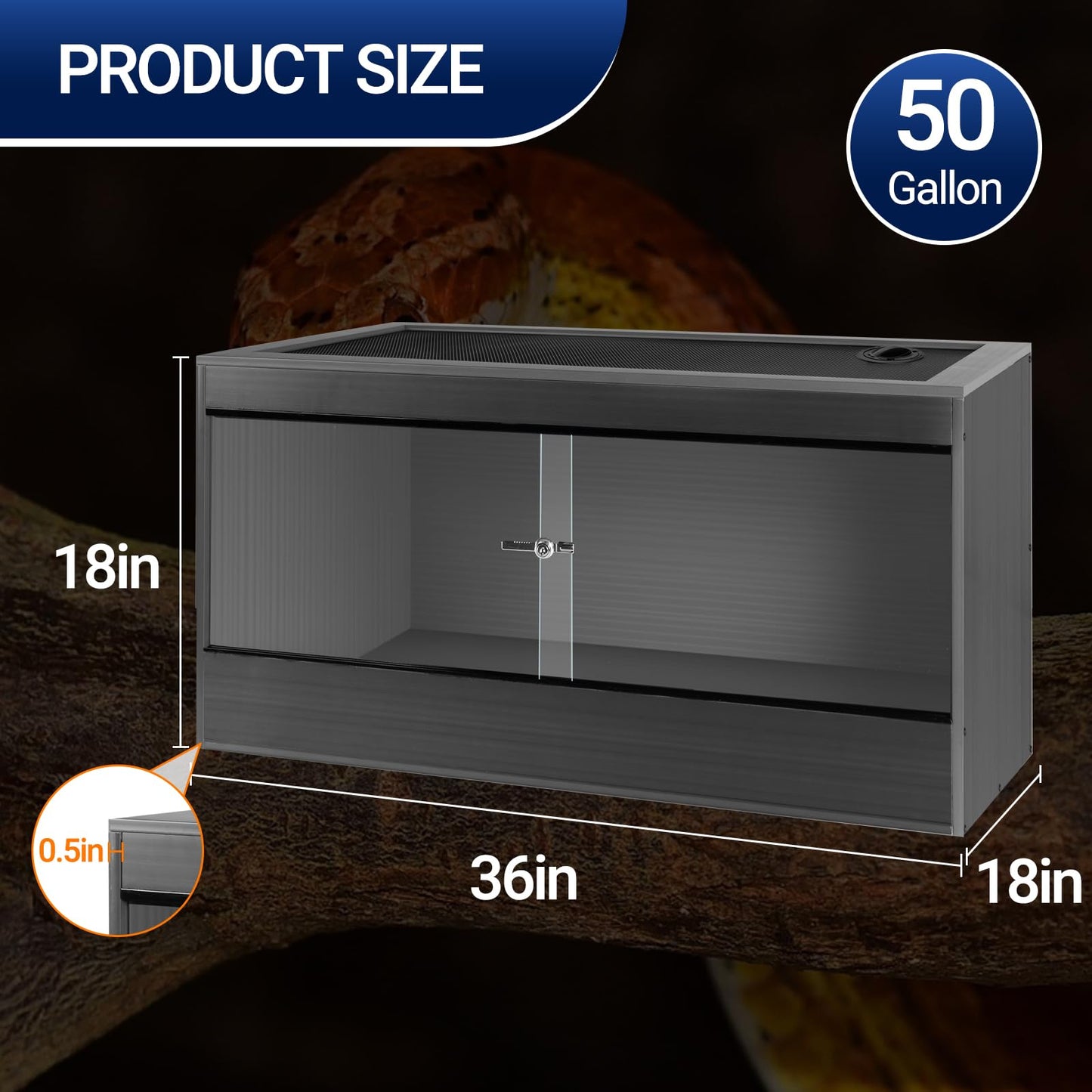 50 Gallon Reptile Enclosure, 36x18x18 Composite PVC Reptile Tank Terrarium, 36" Wide Lightweight Eco Reptile Habitat Lounge for Ball Python Bearded Dragon Gecko Turtle
