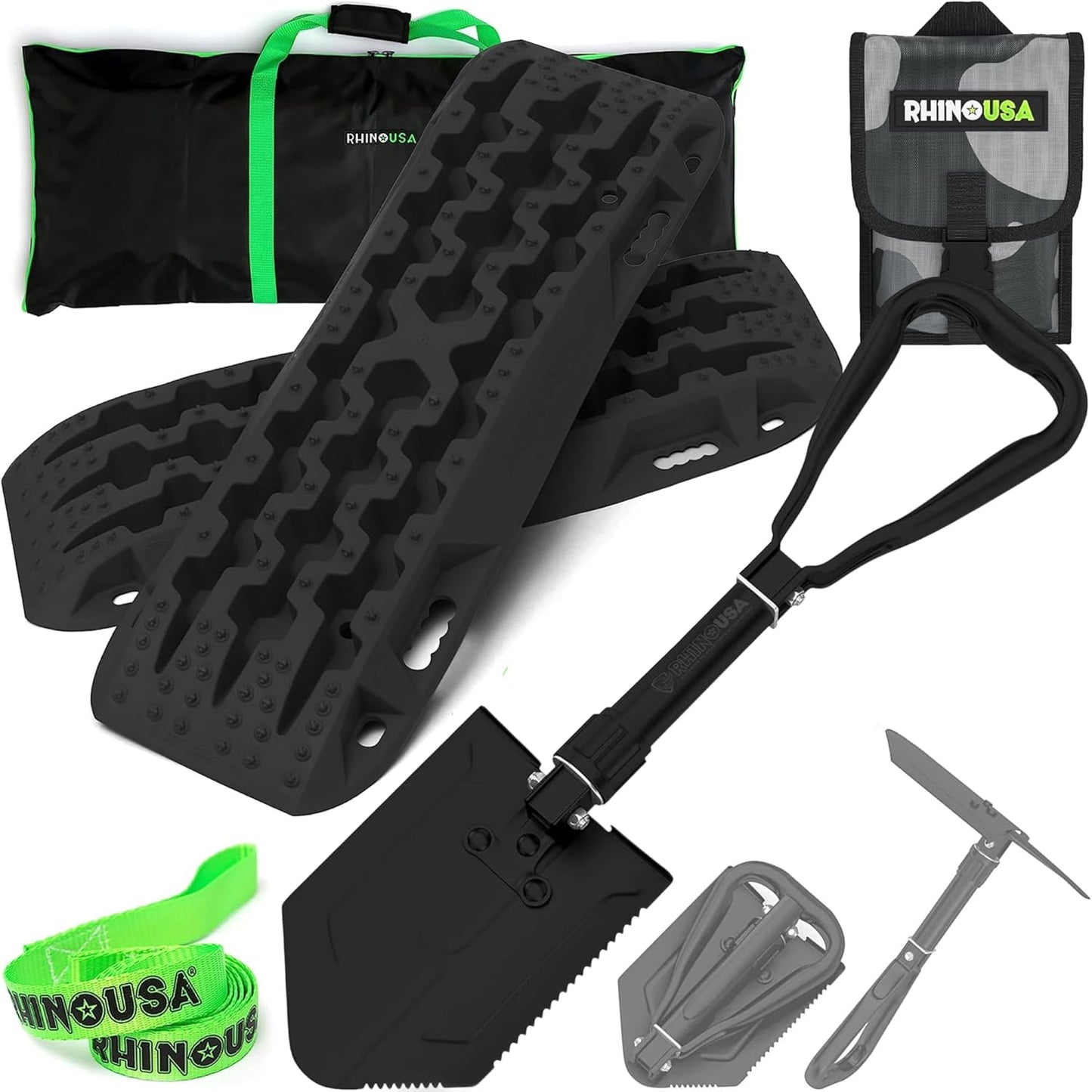 Rhino USA Offroad Recovery Kit – 2 Traction Boards & Folding Shovel w/Pick – Heavy Duty Carbon Steel Entrenching Tool and Tire Traction Mats for Sand, Mud & Snow – Includes Carry Bag & Leashes -Black