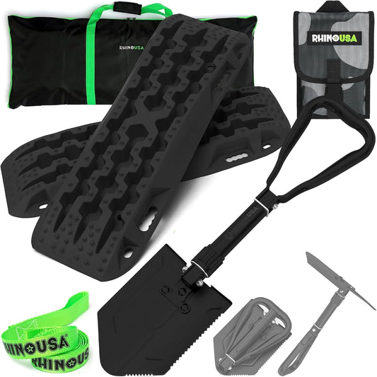 Rhino USA Offroad Recovery Kit – 2 Traction Boards & Folding Shovel w/Pick – Heavy Duty Carbon Steel Entrenching Tool and Tire Traction Mats for Sand, Mud & Snow – Includes Carry Bag & Leashes -Black