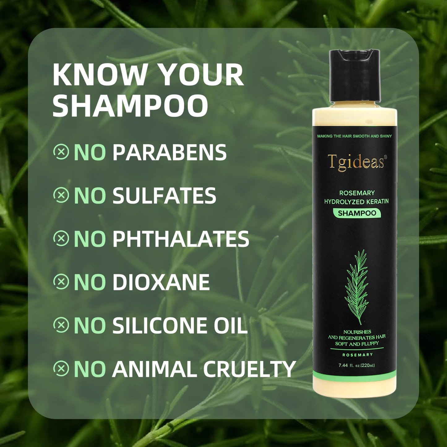 Tgideas Organic Rosemary Hair Growth Shampoo for Women and Men-Natural Thickening & Strengthening Shampoo with Hydrolyzed Keratin for Thinning Hair & Hair Loss 7.4 fl.oz
