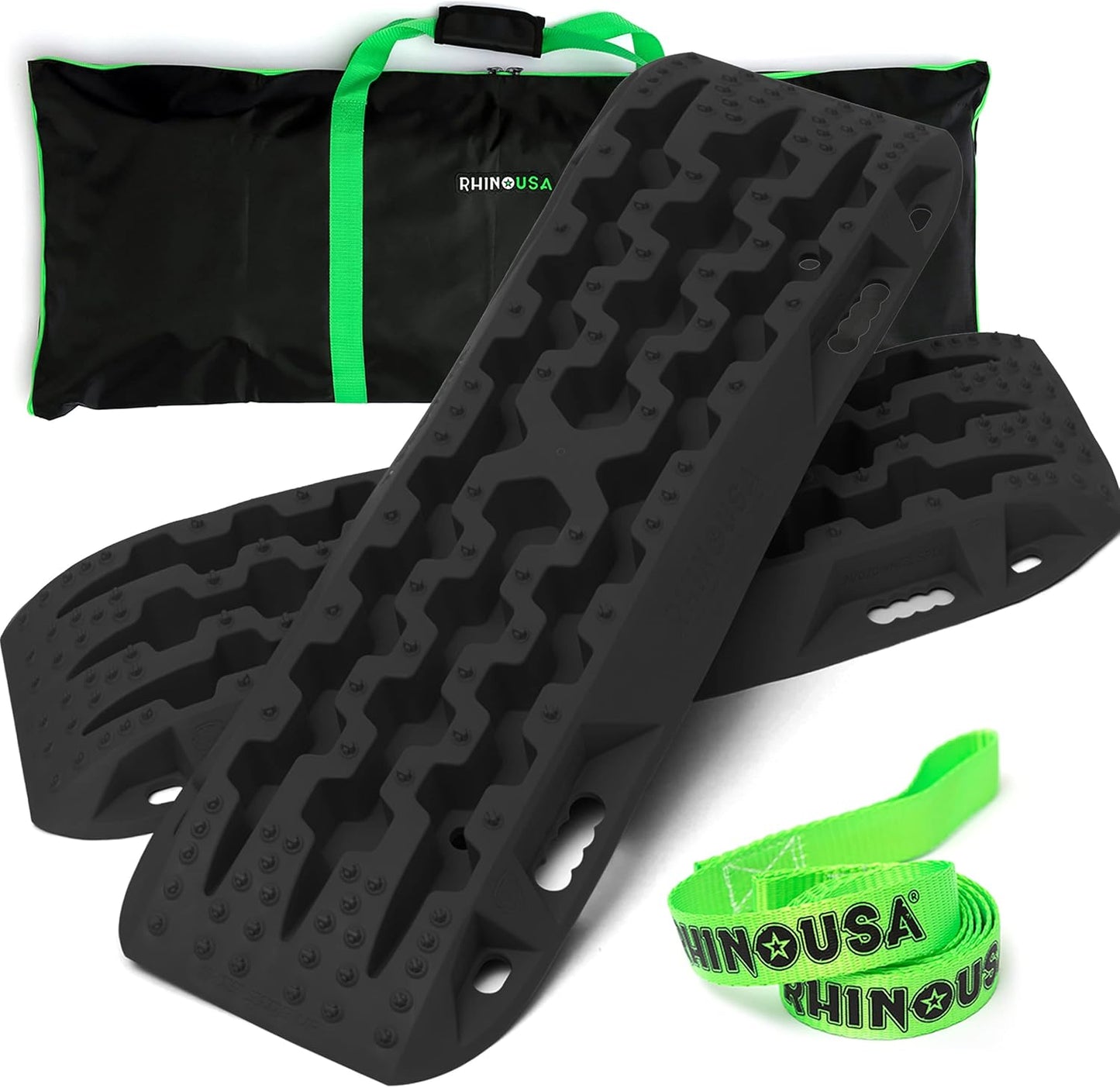 Rhino USA Offroad Recovery Kit – 2 Traction Boards & Folding Shovel w/Pick – Heavy Duty Carbon Steel Entrenching Tool and Tire Traction Mats for Sand, Mud & Snow – Includes Carry Bag & Leashes -Black