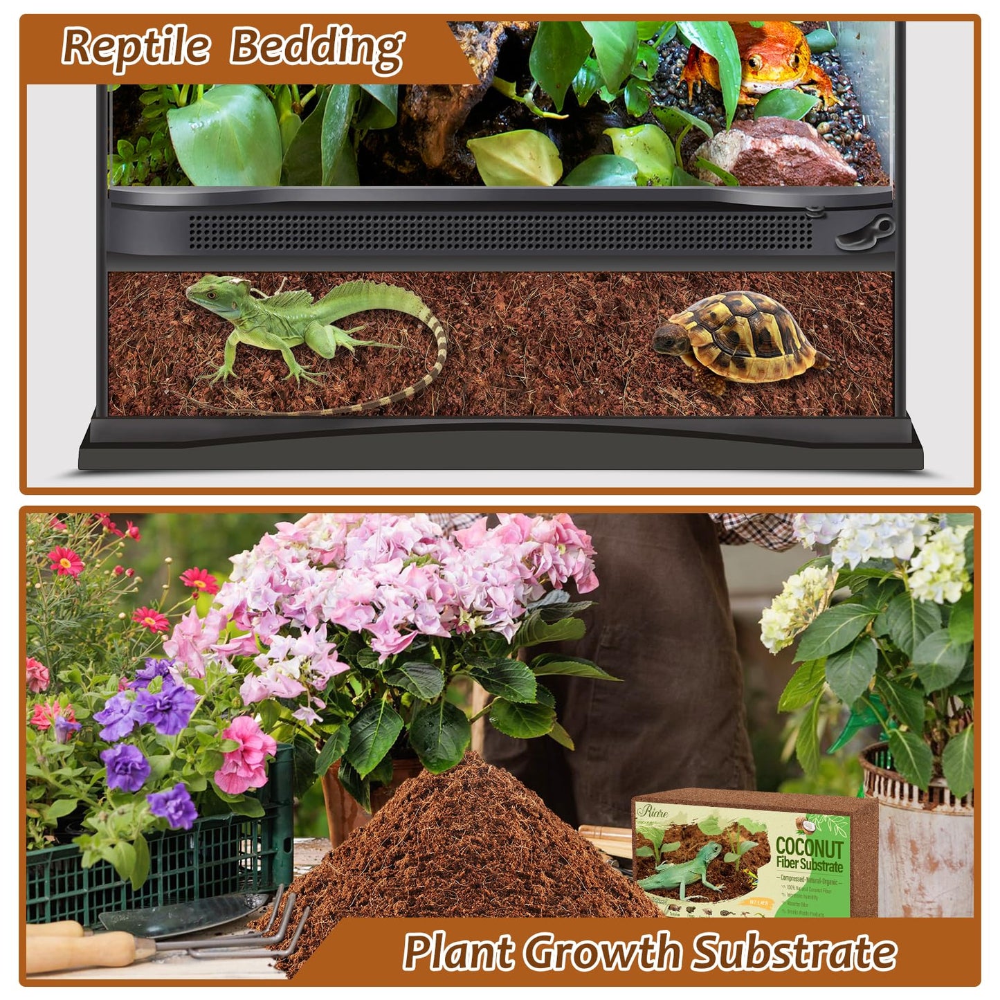 Riare 2 Pack Natural Coconut Fiber Substrate for Reptile- Premium Compressed Coconut Husk Terrarium Bedding for Reptile, Tortoise, Frogs, Snakes Hermit Crabs, Burrowing Animals