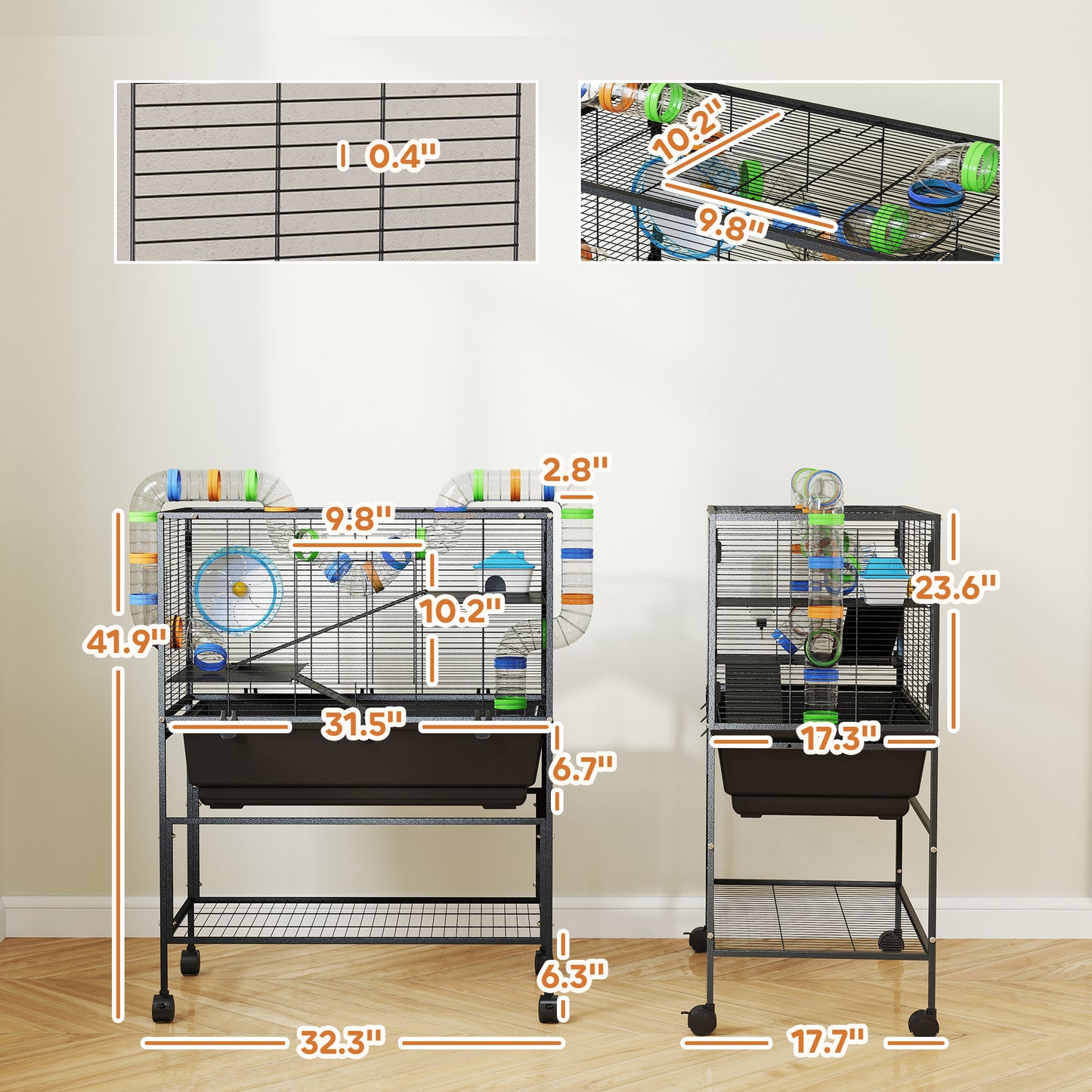 3 Tier Hamster Cage, Rolling Rat Cage With Deep Tray, Storage Shelf, Big Exercise Wheel, Hut, Tube System
