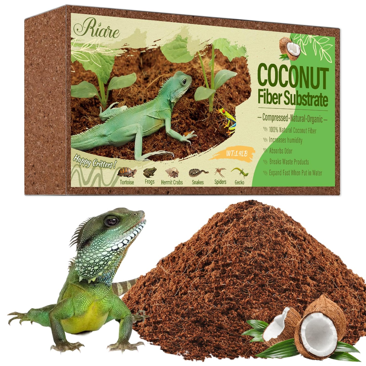 Riare 2 Pack Natural Coconut Fiber Substrate for Reptile- Premium Compressed Coconut Husk Terrarium Bedding for Reptile, Tortoise, Frogs, Snakes Hermit Crabs, Burrowing Animals