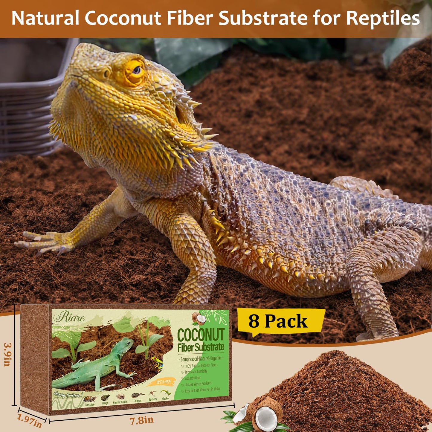 Riare 2 Pack Natural Coconut Fiber Substrate for Reptile- Premium Compressed Coconut Husk Terrarium Bedding for Reptile, Tortoise, Frogs, Snakes Hermit Crabs, Burrowing Animals