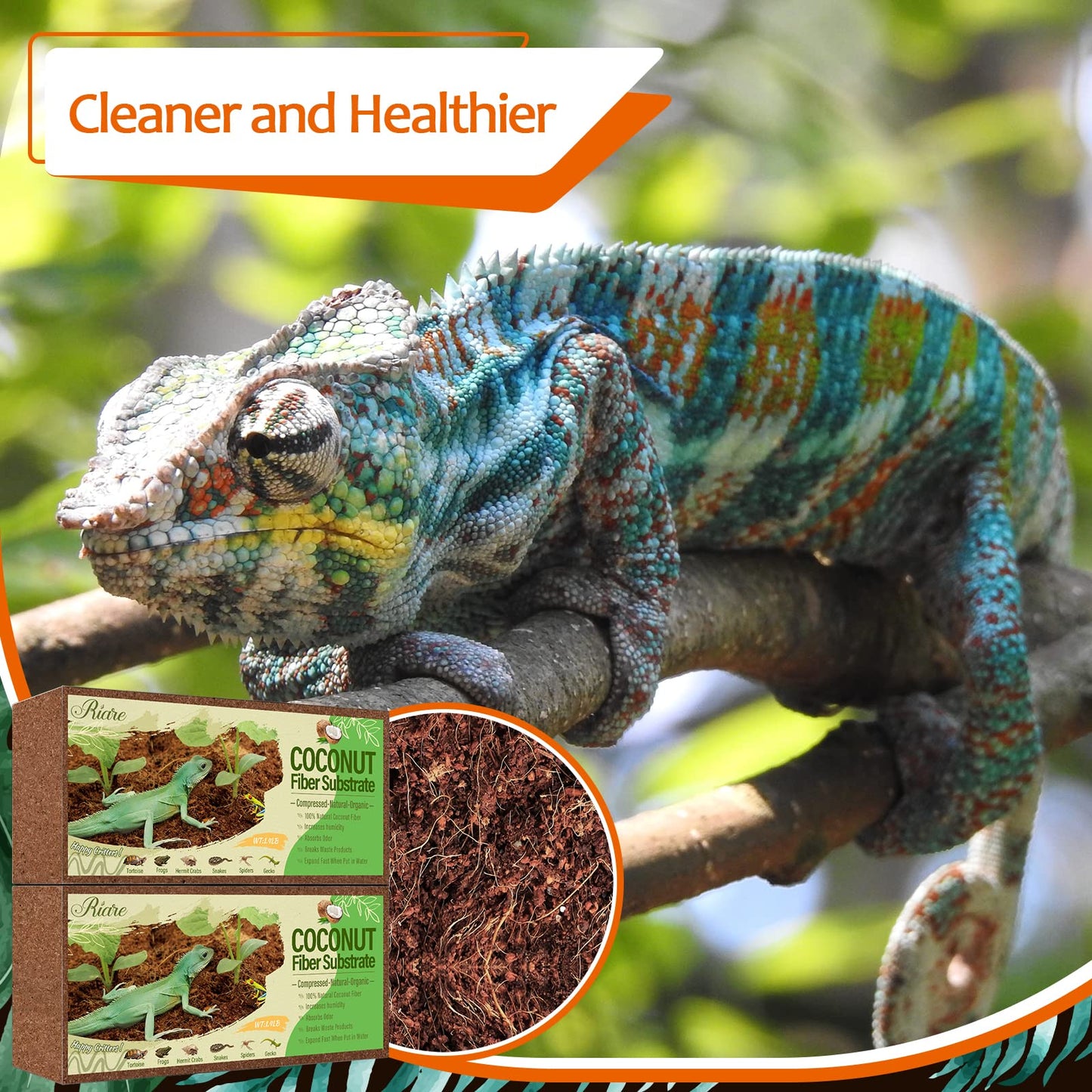 Riare 2 Pack Natural Coconut Fiber Substrate for Reptile- Premium Compressed Coconut Husk Terrarium Bedding for Reptile, Tortoise, Frogs, Snakes Hermit Crabs, Burrowing Animals
