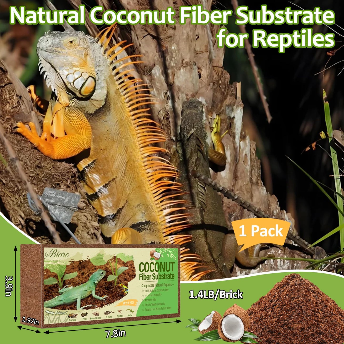 Riare 2 Pack Natural Coconut Fiber Substrate for Reptile- Premium Compressed Coconut Husk Terrarium Bedding for Reptile, Tortoise, Frogs, Snakes Hermit Crabs, Burrowing Animals