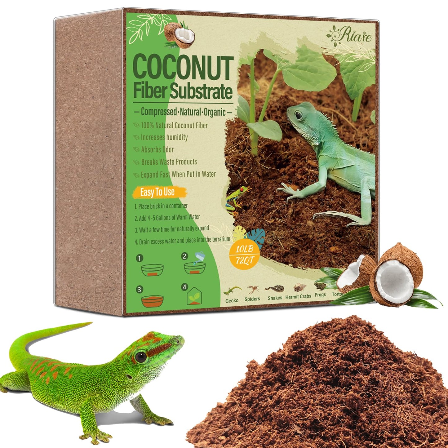 Riare 2 Pack Natural Coconut Fiber Substrate for Reptile- Premium Compressed Coconut Husk Terrarium Bedding for Reptile, Tortoise, Frogs, Snakes Hermit Crabs, Burrowing Animals