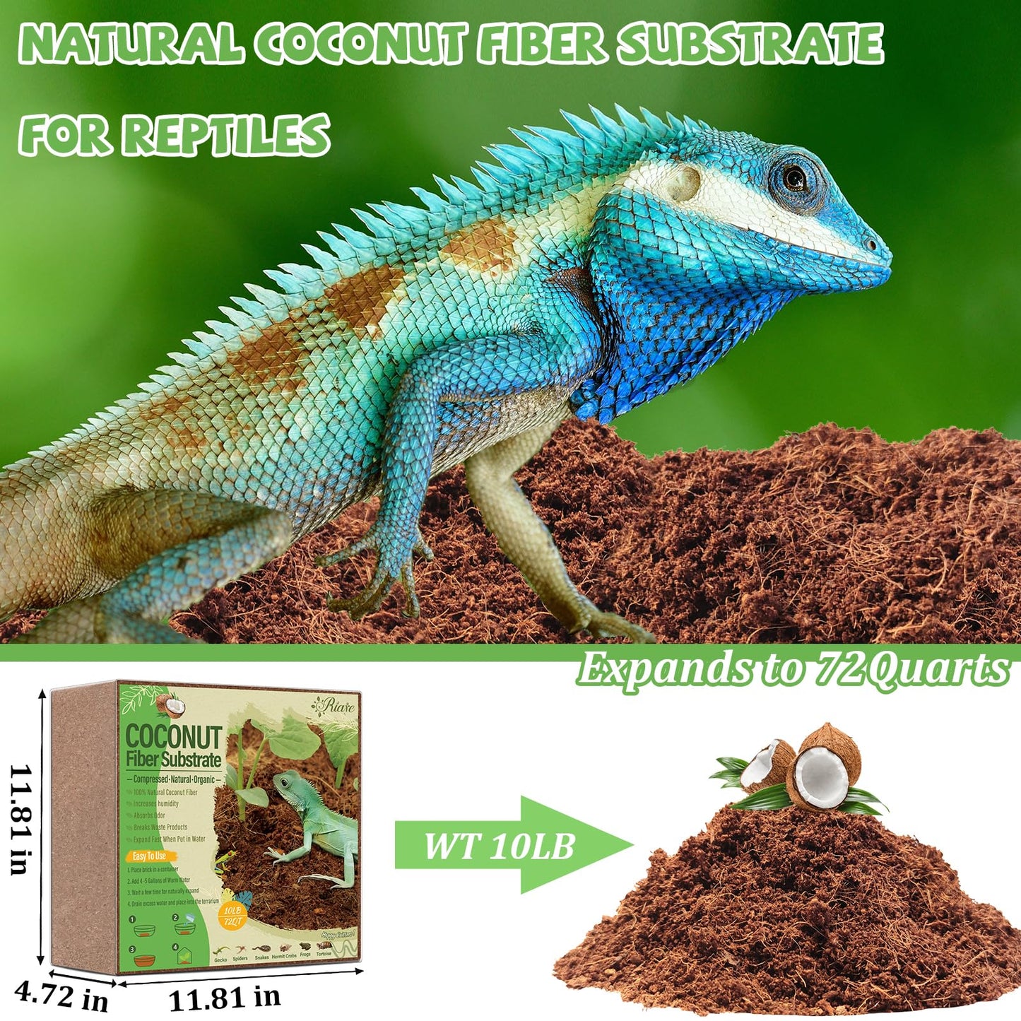 Riare 2 Pack Natural Coconut Fiber Substrate for Reptile- Premium Compressed Coconut Husk Terrarium Bedding for Reptile, Tortoise, Frogs, Snakes Hermit Crabs, Burrowing Animals