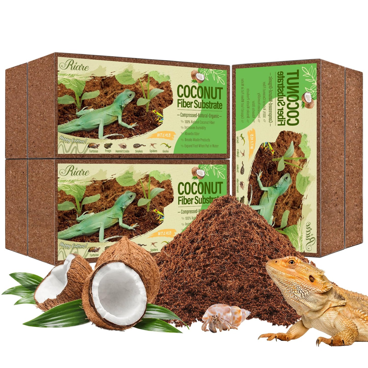 Riare 2 Pack Natural Coconut Fiber Substrate for Reptile- Premium Compressed Coconut Husk Terrarium Bedding for Reptile, Tortoise, Frogs, Snakes Hermit Crabs, Burrowing Animals