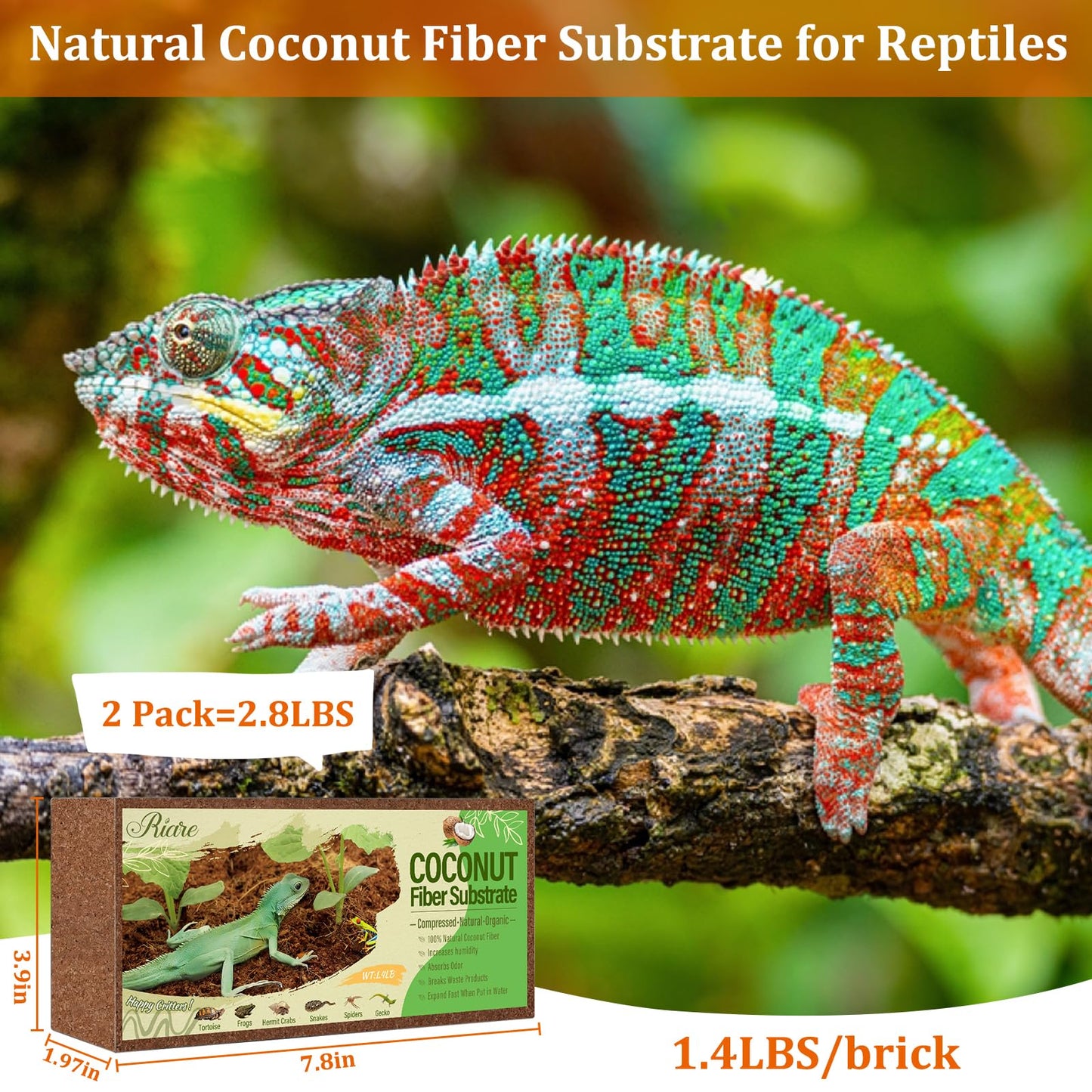 Riare 2 Pack Natural Coconut Fiber Substrate for Reptile- Premium Compressed Coconut Husk Terrarium Bedding for Reptile, Tortoise, Frogs, Snakes Hermit Crabs, Burrowing Animals