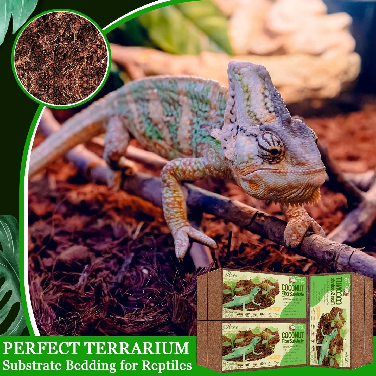 Riare 2 Pack Natural Coconut Fiber Substrate for Reptile- Premium Compressed Coconut Husk Terrarium Bedding for Reptile, Tortoise, Frogs, Snakes Hermit Crabs, Burrowing Animals