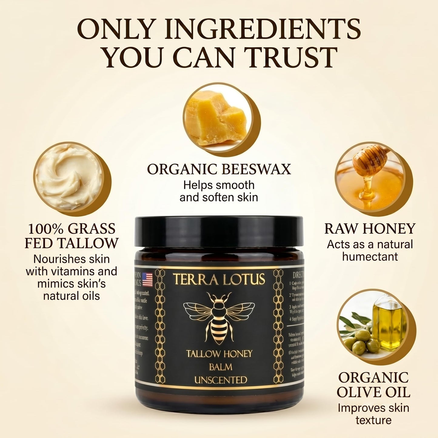 Terra Lotus - Organic Grass-Fed Beef Tallow Balm with Raw Honey - Moisturizing Cream for Soft, Smooth Skin - Handmade All-Natural Moisturizer (2 Oz, Unscented)